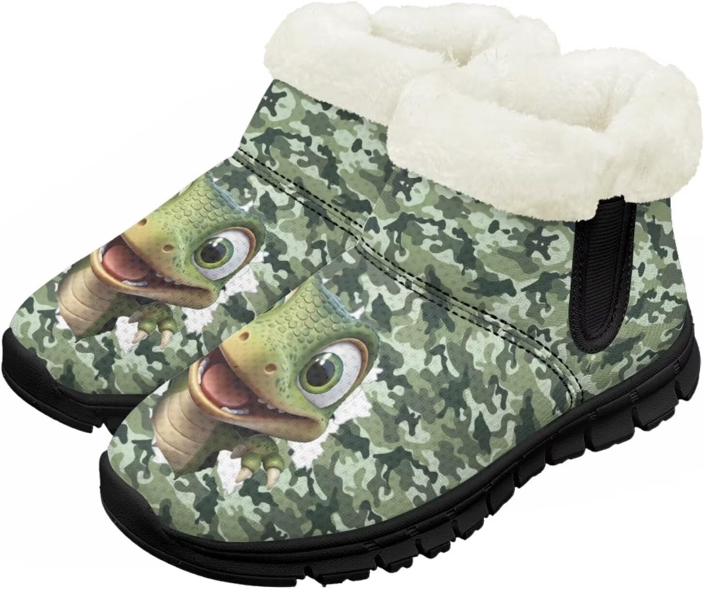 

Детские зимние сапоги для девочек, водонепроницаемые, противоскользящие, для холодной погоды, с искусственным мехом, походные ботинки Goronwyfloyd, Green Camo Dinosaur