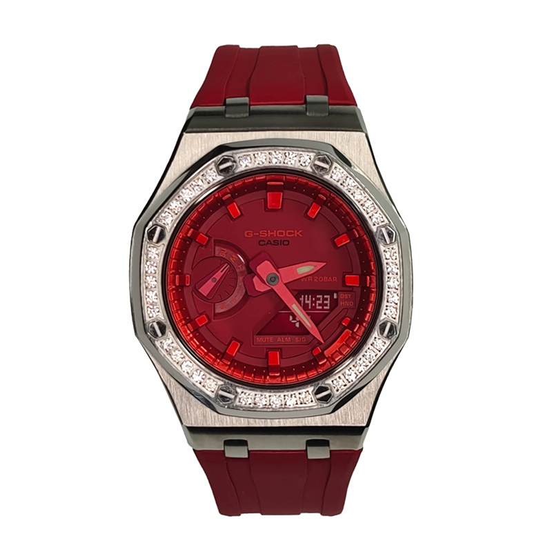 

CASIO Часы Men Liquid Crystal/Analog Dual Display Series 44mm Red Watch, Offshore Silver Circle Diamond Miami Heat