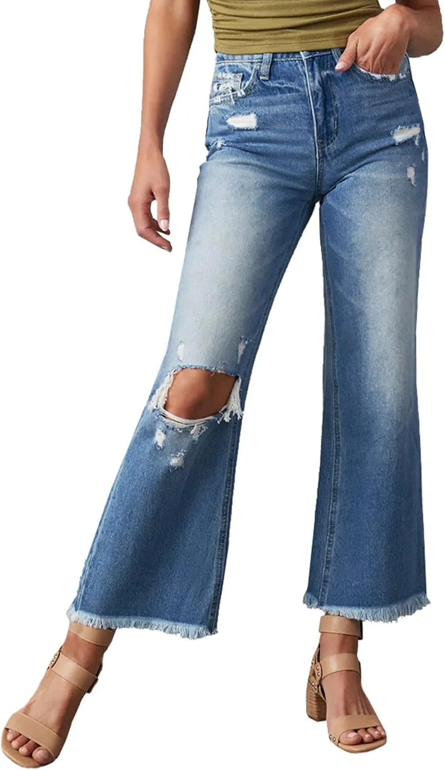 

Джинсы Bootcut для женщин Mid Waist с потертостями и рваным краем cffvdiz
