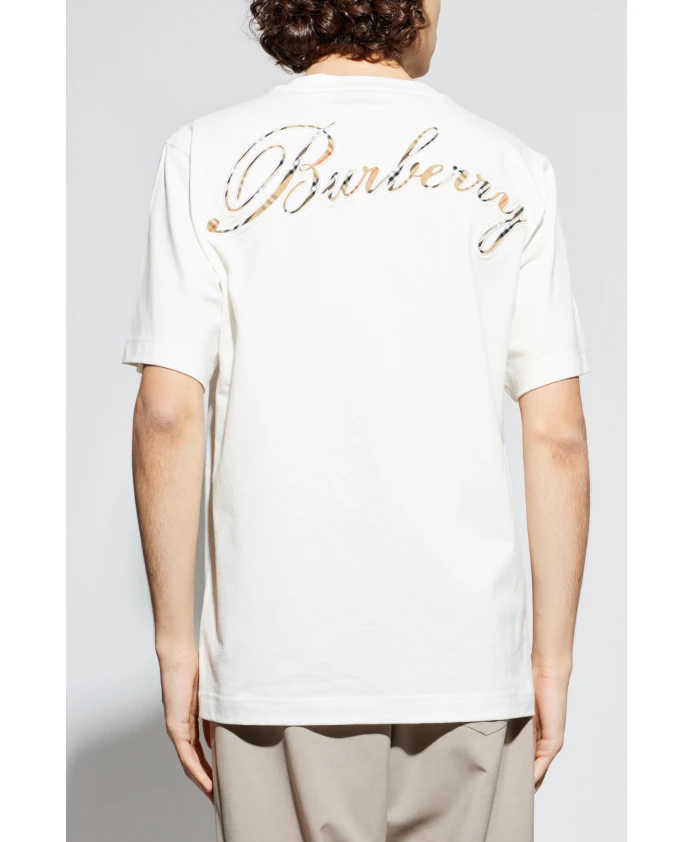 Хлопковая футболка с клетчатым курсивным логотипом Burberry, белый — фото 4
