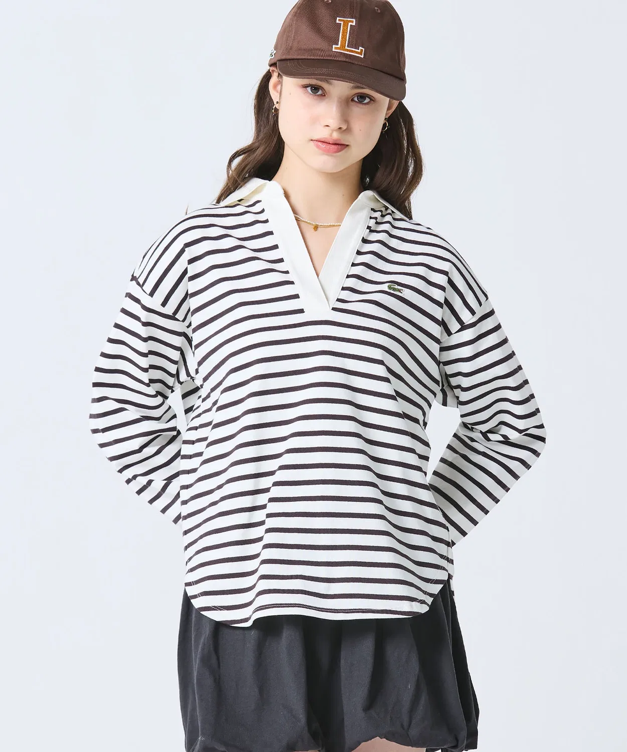 Лонгслив Cotton Jersey Скиппер-Нек, бежевый с бордовой полосой — фото 4
