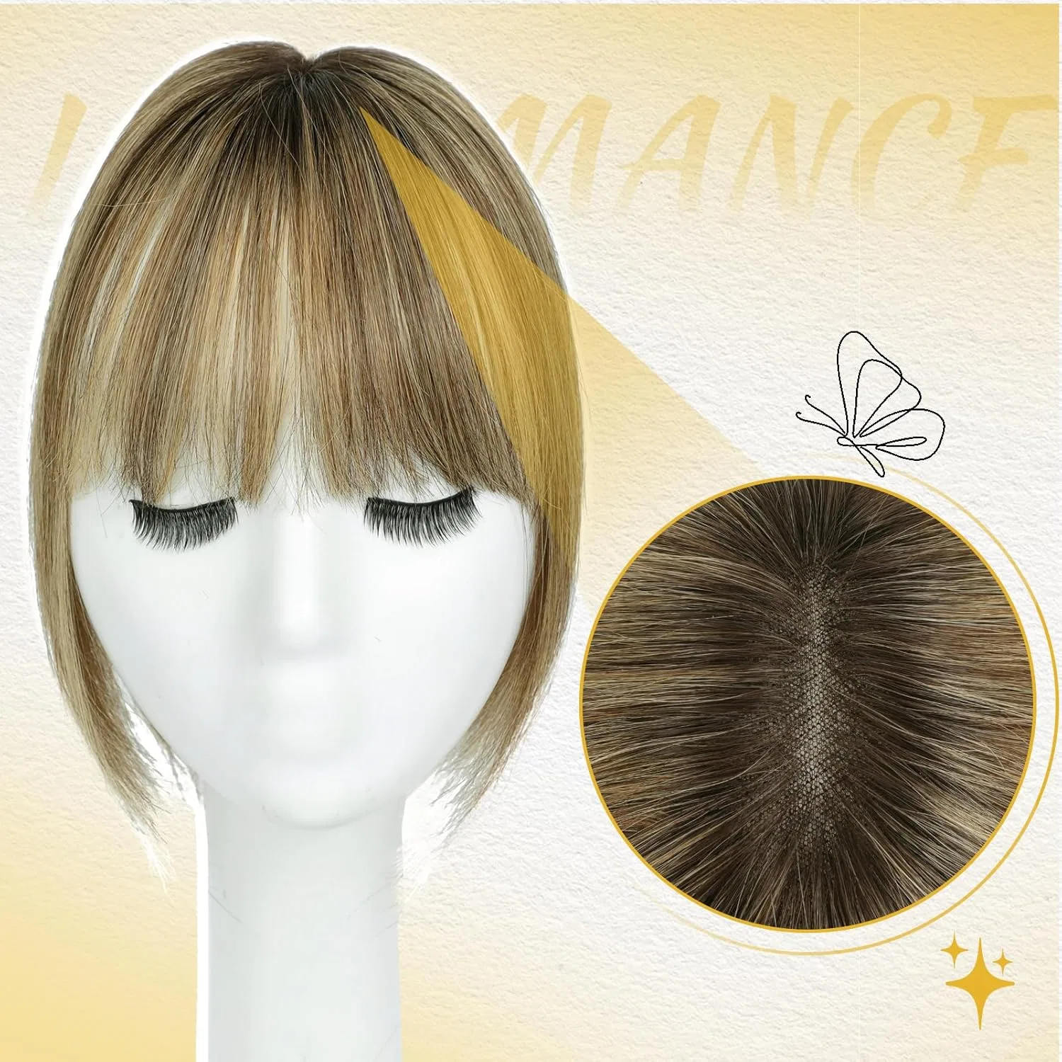 Накладная челка из натуральных волос с 3D-покрытием Lagomance, Medium Brown Mix Blonde With Dark Brown Roots — фото 3
