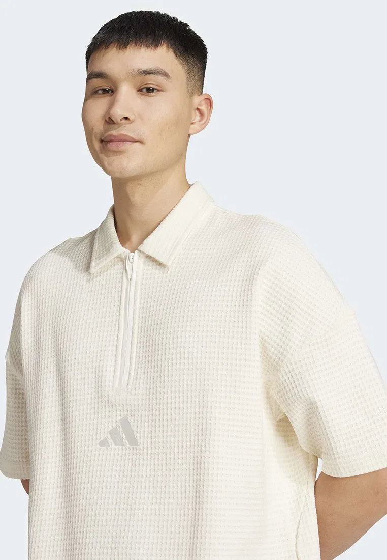 Полузастегнутый поло-свитер, вафельная вязка, All SZN Adidas, белый — фото 3