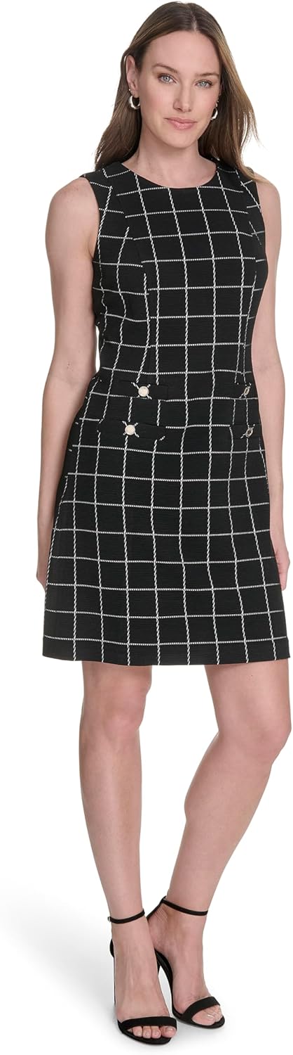 Женское платье-трапеция Tommy Hilfiger без рукавов с пуговицами на карманах, Black/ Ivory — фото 2