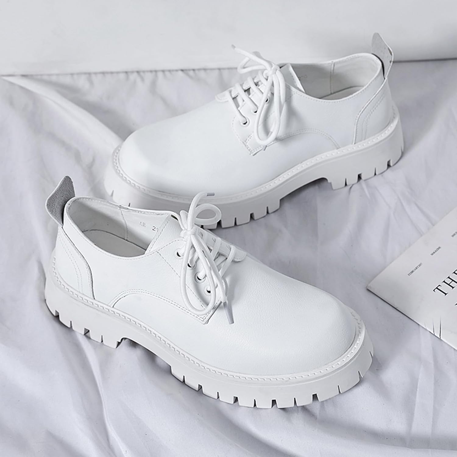 Мужские кожаные туфли с шнуровкой и массивной подошвой Oxfords, классический круглый носок, платформа, широкий каблук, деловые туфли, модные повседневные туфли Derby для увеличения роста Ptnoka, белый — фото 3