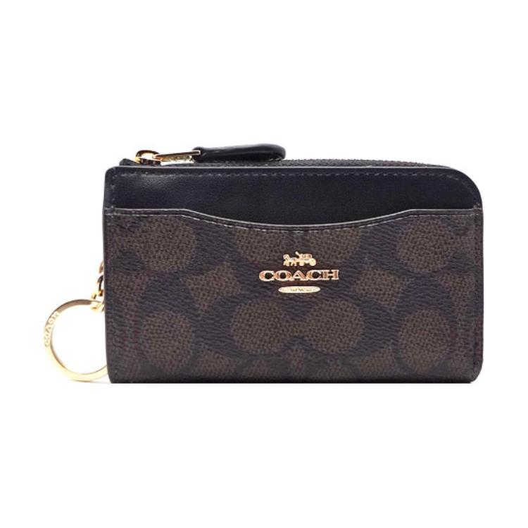 

COACH Переработанный кожаный картхолдер миниатюрный женский ореховое дерево и черный, Walnut & Black