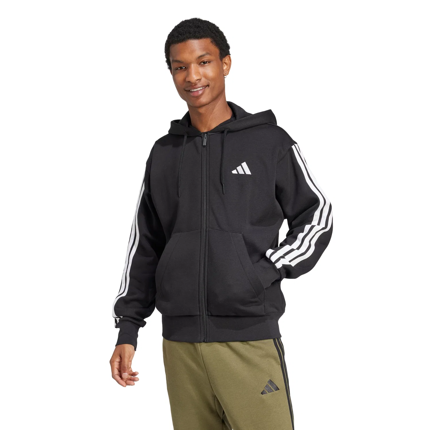 Мужская флисовая худи на молнии Adidas Essential 3S, чёрно-белая — фото 4