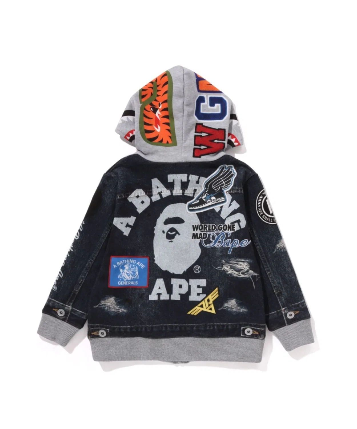 Толстовка с капюшоном A Bathing Ape SHARK BAPE EMBLEM DENIM JACKET PRINT ZIP HOODIE, тёмно-синяя — фото 3