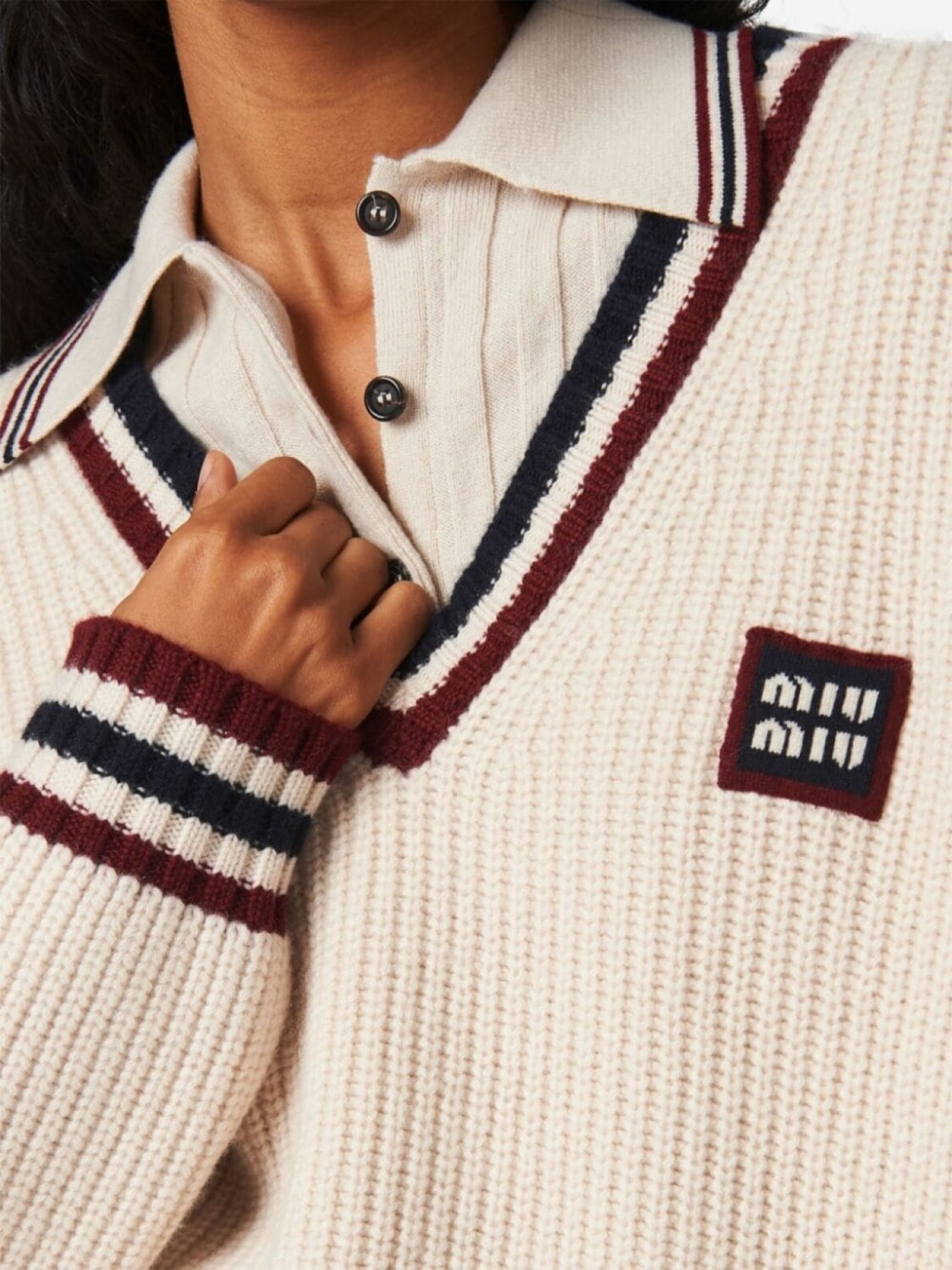 Miu Miu кашемировый джемпер с отделкой в полоску, нейтральный цвет — фото 4