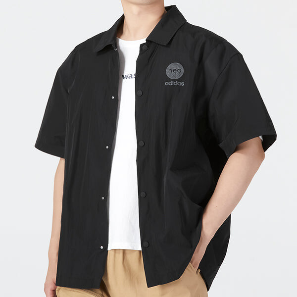 Рубашка adidas neo Solid Color Alphabet Logo Printing Athleisure Casual Sports lapel Short Sleeve Shirt Black, черный — фото 4
