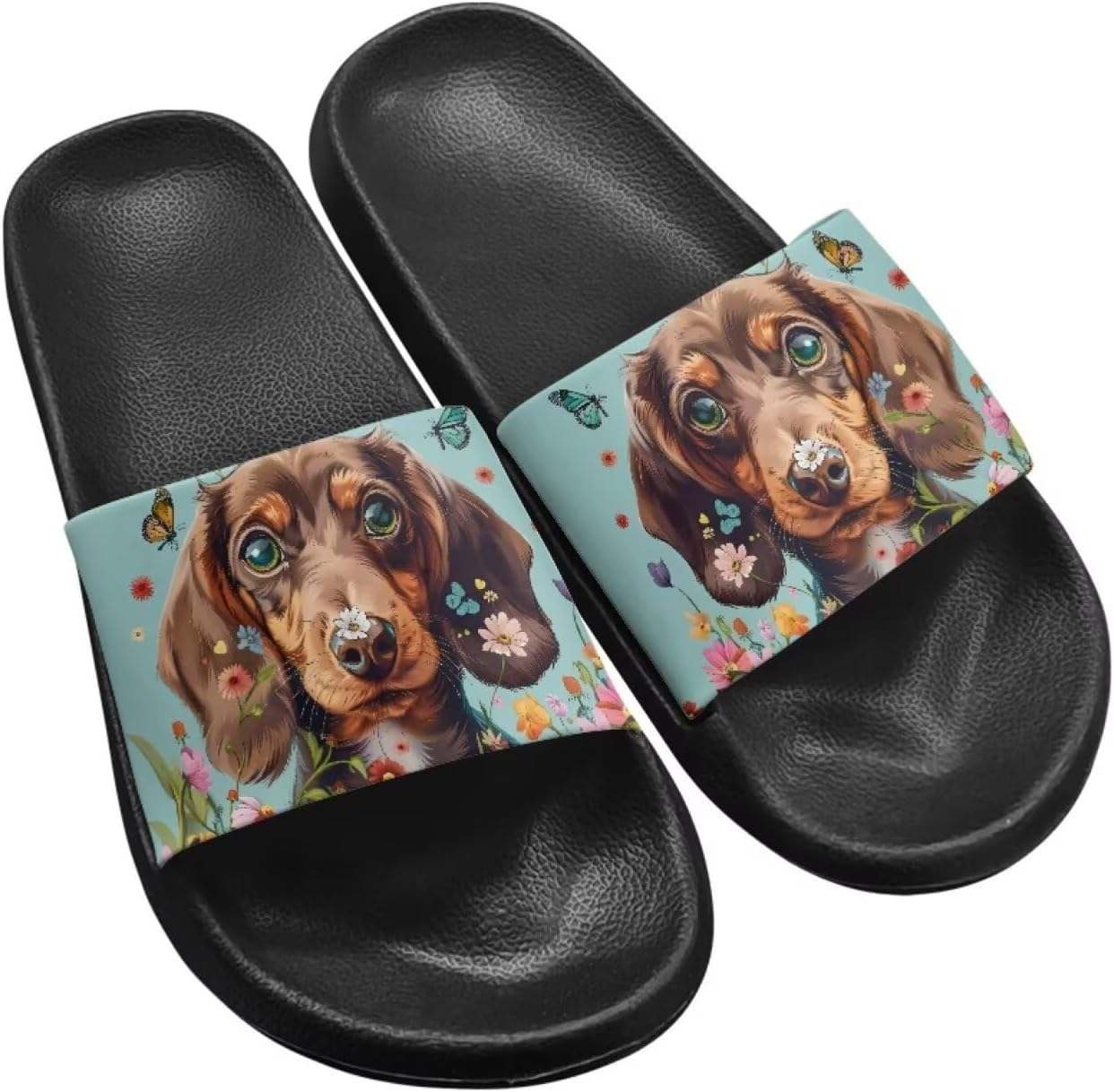 

Сандалии с открытым носком Jeiento для женщин и мужчин, сандалии с плоской подошвой, нескользящие для ванной и душа, мягкая домашняя обувь для пары, с рисунком собак, Dachshund Dog Flowers
