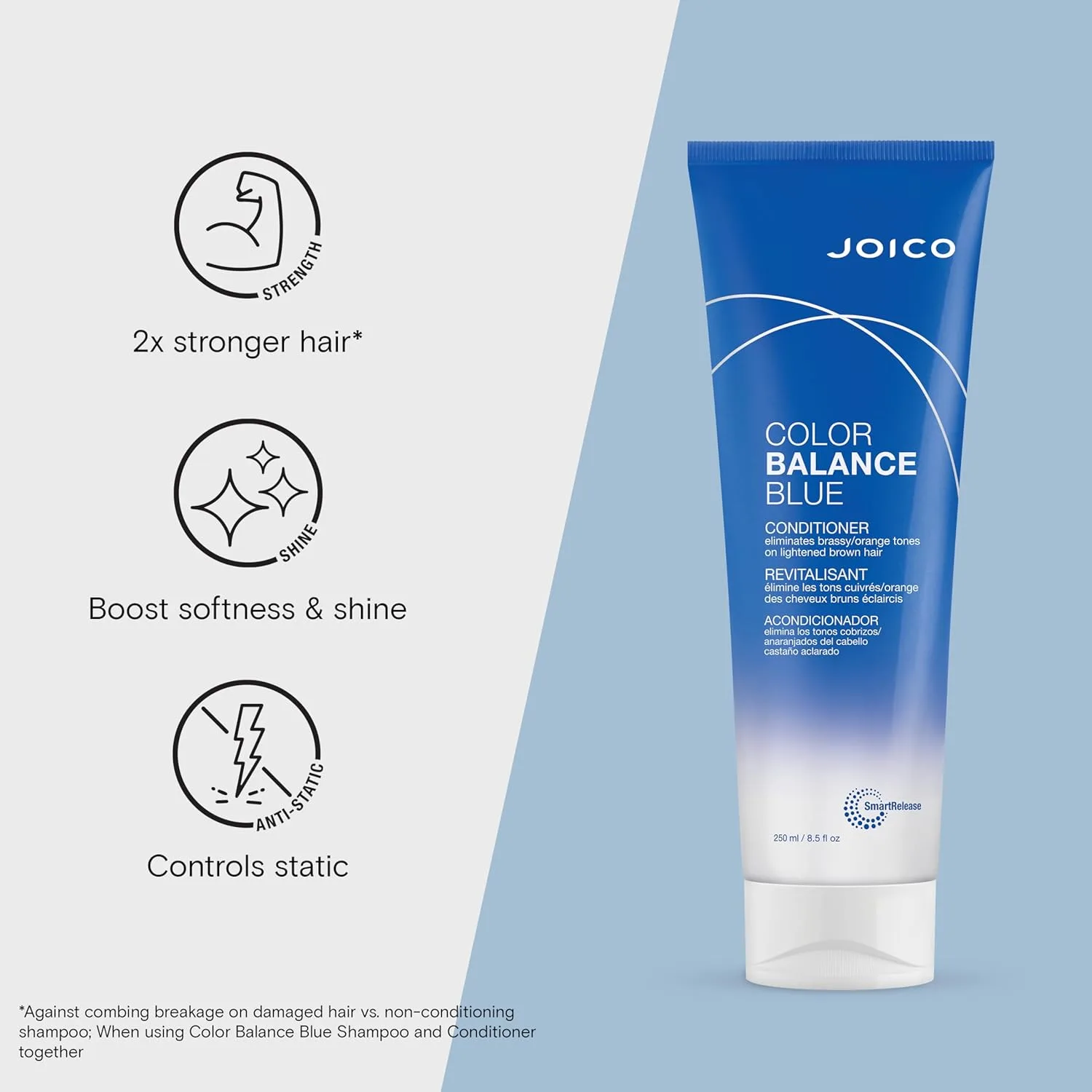 Шампунь и кондиционер Joico Color Balance Blue | Для осветленных коричневых волос | Устраняет желтовато-оранжевые оттенки | Усиливает яркость и блеск цвета | Защищает от вредного УФ-излучения, Blue — фото 4