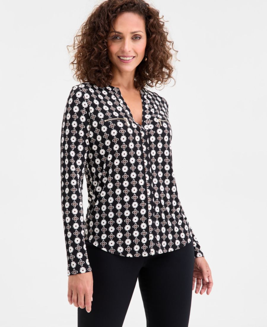 

Женская блузка с принтом, застежкой-молнией и карманами JM Collection, Deep Black Combo