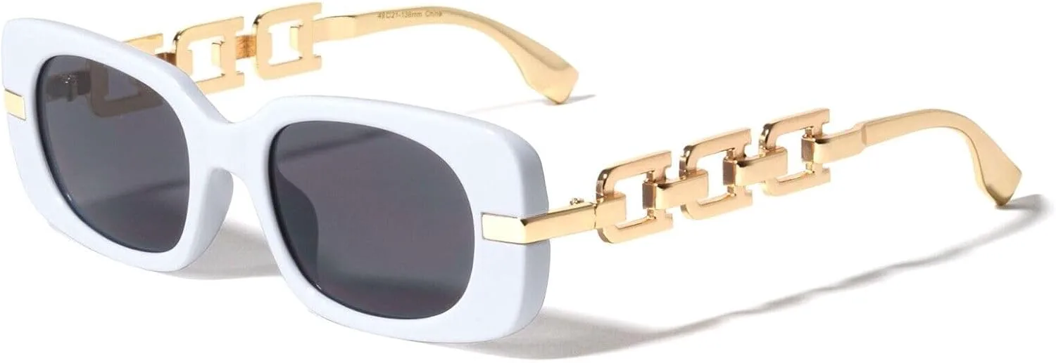 

Солнцезащитные очки Dweebzilla Slim Wide Rectangular Gold Cuban Link Chain в стиле ретро, ​​дизайнерские, модные, White & Gold Frame - Black Super Dark Lenses