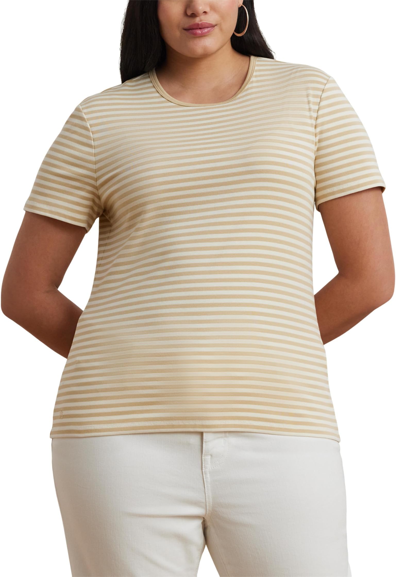 

Футболка Lauren Ralph Lauren Plus Size Striped Stretch Cotton Crew Neck Tee, цвет Sand Dune/Mascarpone Cream