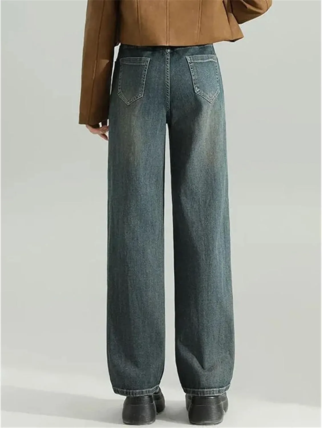 Женские винтажные мешковатые утепленные прямые джинсы Korean Elastic High Waist с флисовой подкладкой зимние теплые Vaqueros Generic, синий — фото 4