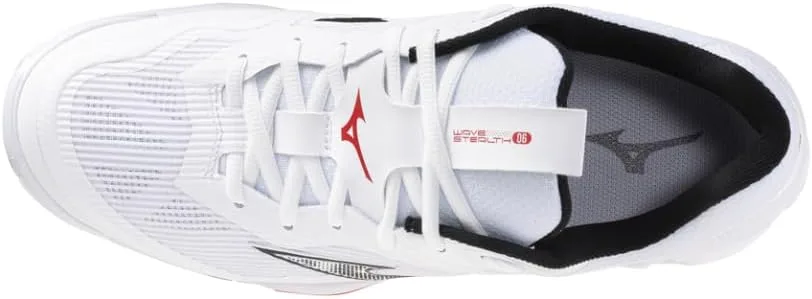 Мужские гандбольные кроссовки Mizuno Wave Stealth 6, белые с черными и красными деталями, верх из искусственной кожи и сетки — фото 2