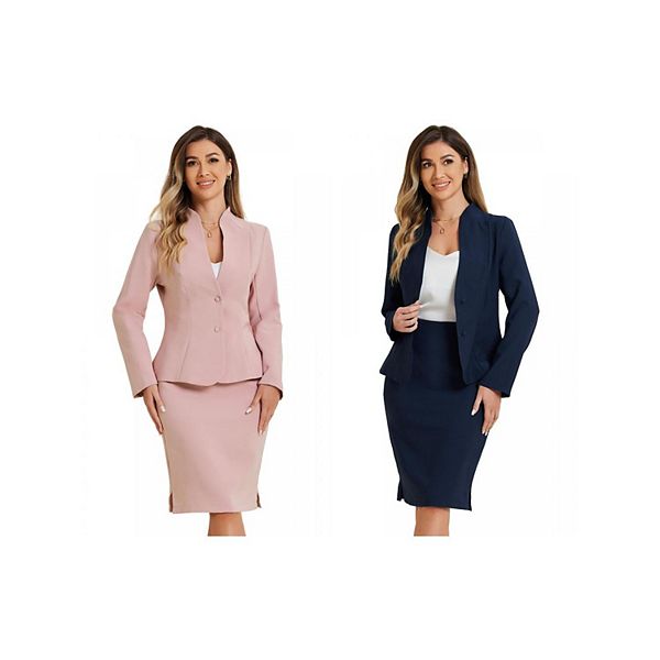 

2 набора деловых костюмов для женщин: пиджак без воротника и юбка-карандаш Allegra K, Dark Blue Pink
