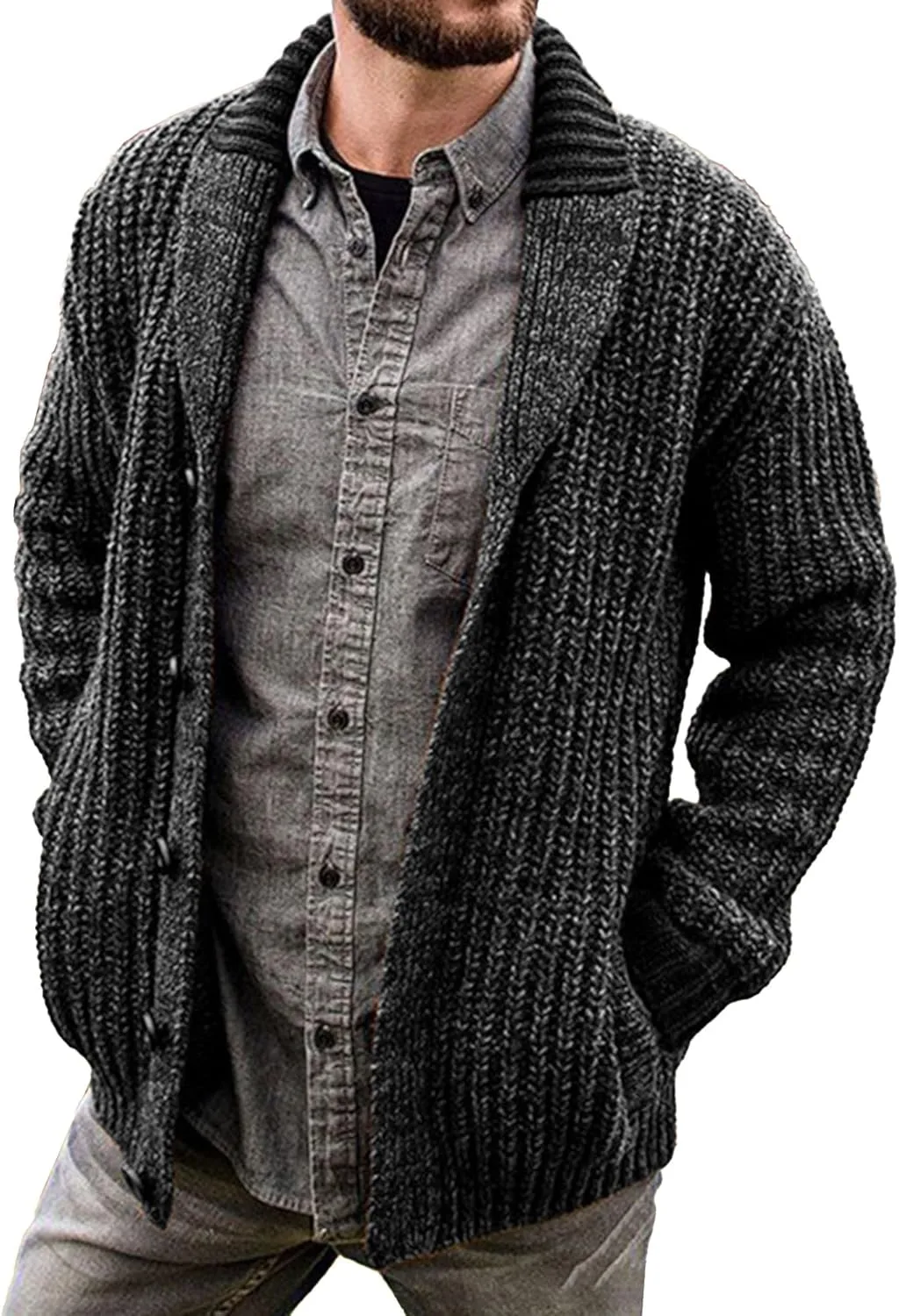 

Мужской кардиган с воротником шаль и кабельной вязкой JEKE-DG