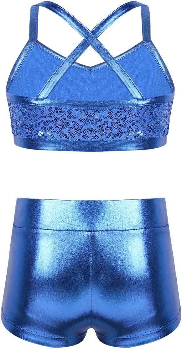 Детский спортивный костюм с пайетками winying, топ и шорты, Light_blue