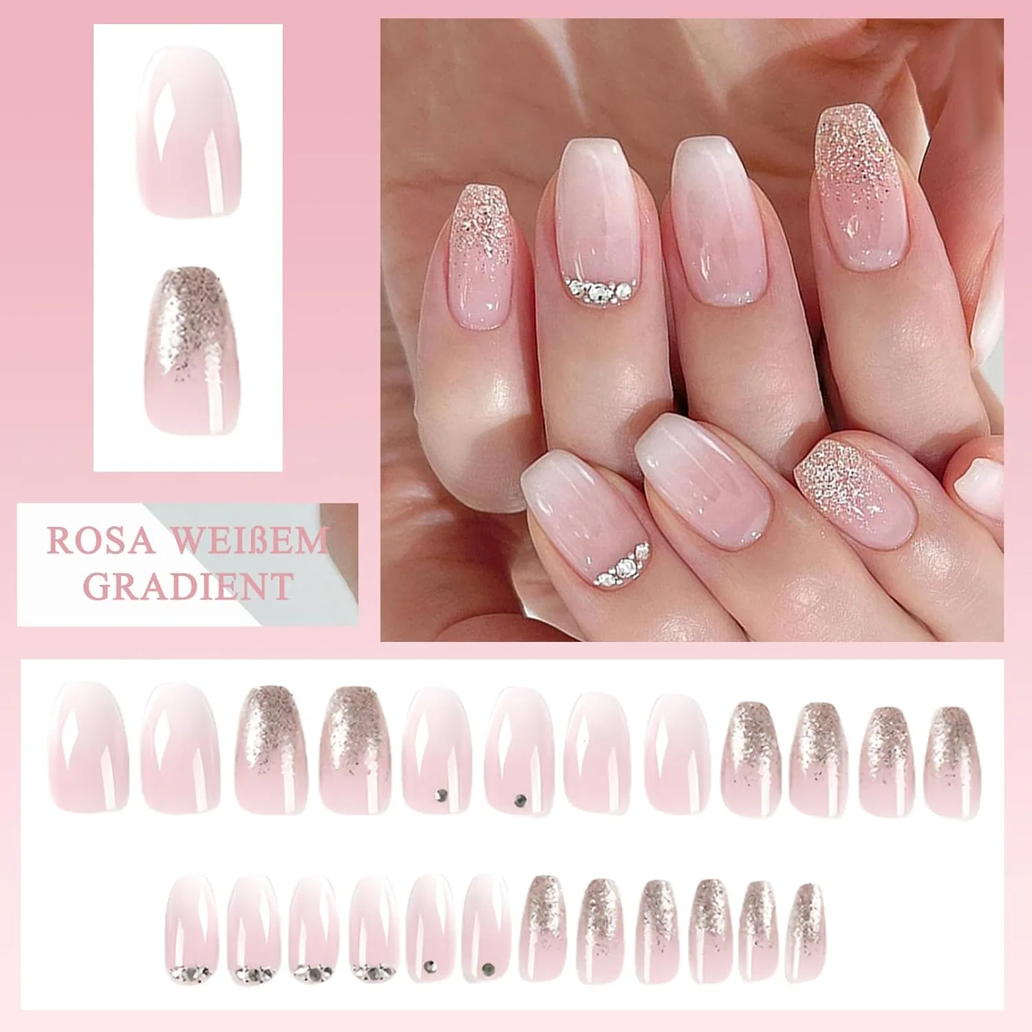 Накладные ногти «Балерина» с градиентом и стразами (24 шт.) Virellay, Light Pink White