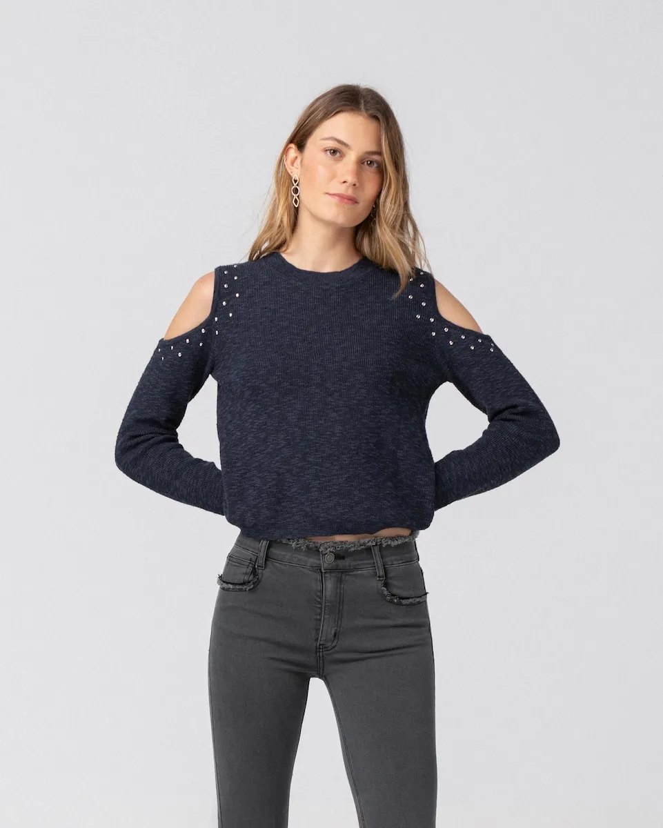 

Женский джемпер с вырезами на плечах и заклепками Noon, темно-синий