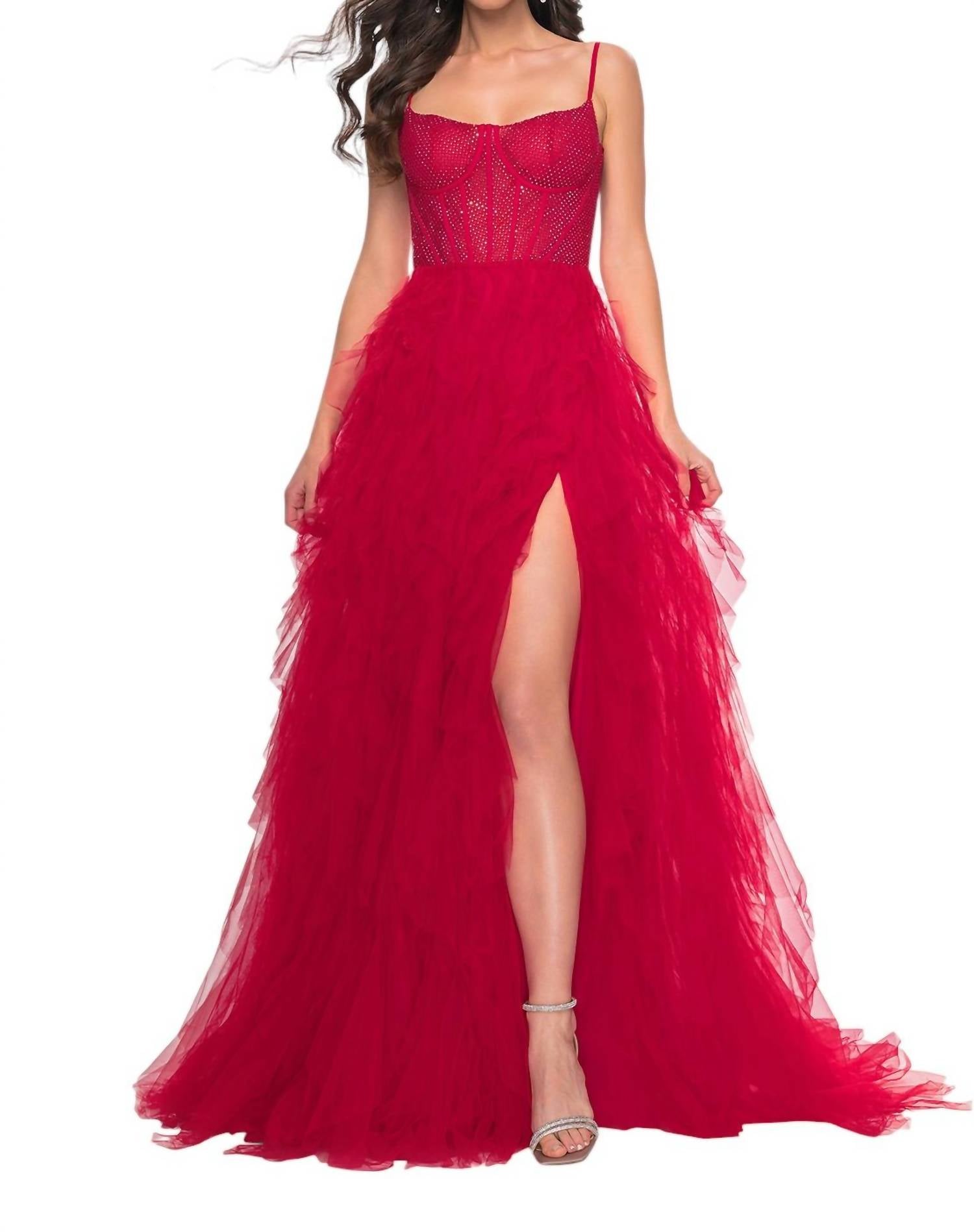 

Bustier Fishnet Top Ruffle Tulle Skirt Prom Dress In Red La Femme