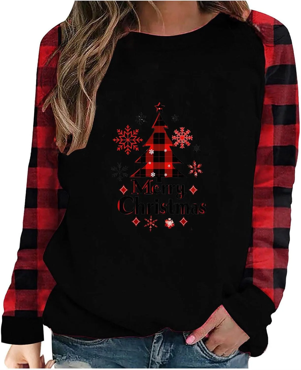 

Свитшот для женщин Christmas Plaid с длинным рукавом Raglan