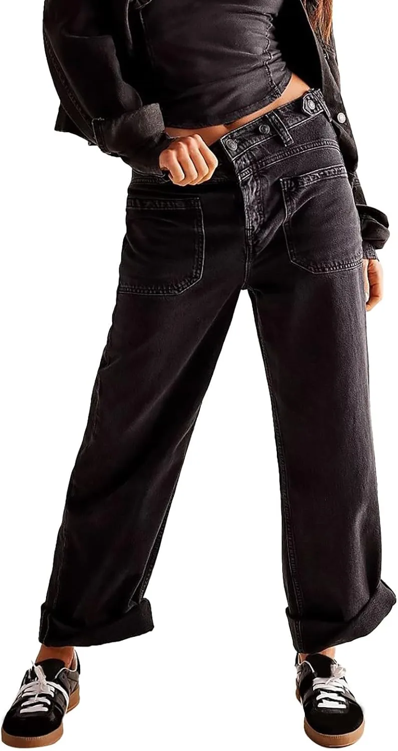 

Прямые джинсы для женщин, High Waisted, Wide Leg, Loose CAOQAO