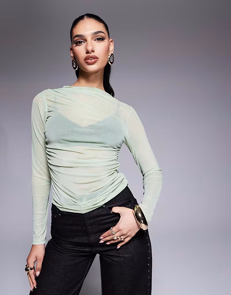 

Топ из сетки ASOS DESIGN с длинными рукавами и сборками по бокам, шалфейного цвета