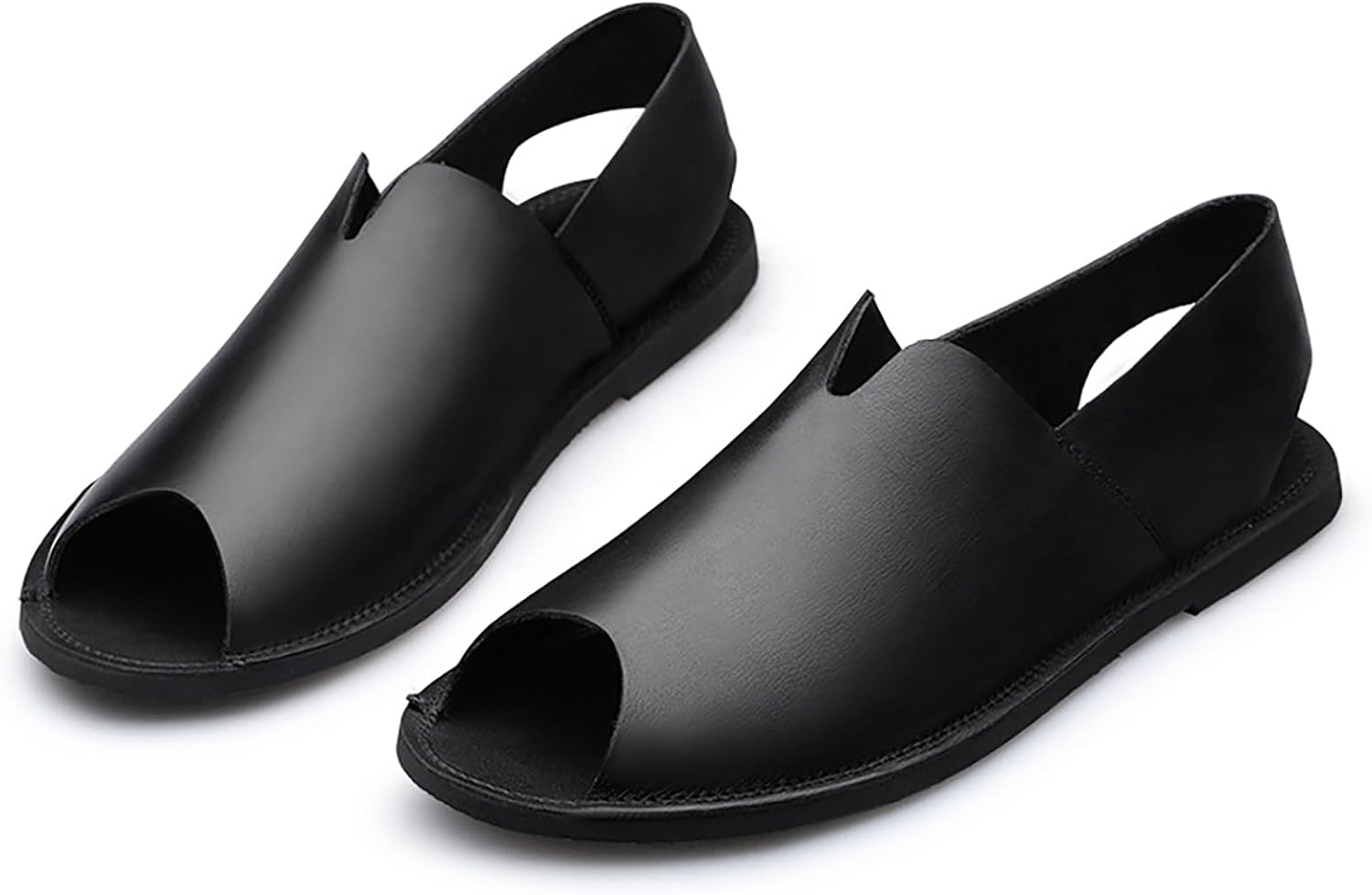 

Мужские сандалии RYNKOMA из натуральной кожи с открытым носком, плоской подошвой и задником на ремешке, стильные повседневные сандалии-лодочки с круглым открытым пальцем в римском стиле, черный