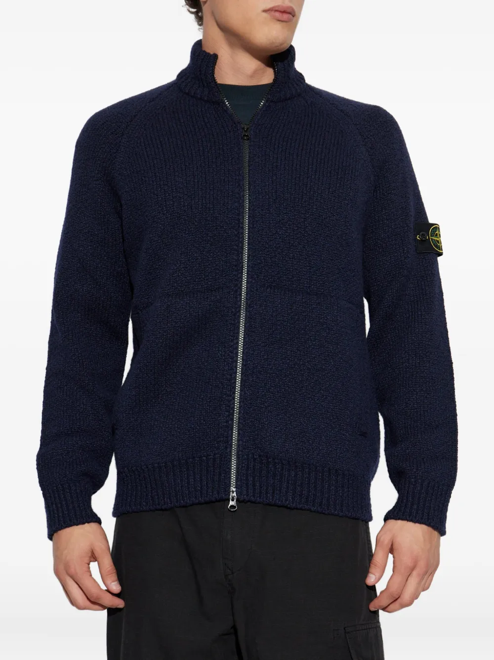 Шерстяной свитер на молнии с накладными карманами Stone Island, синий — фото 3