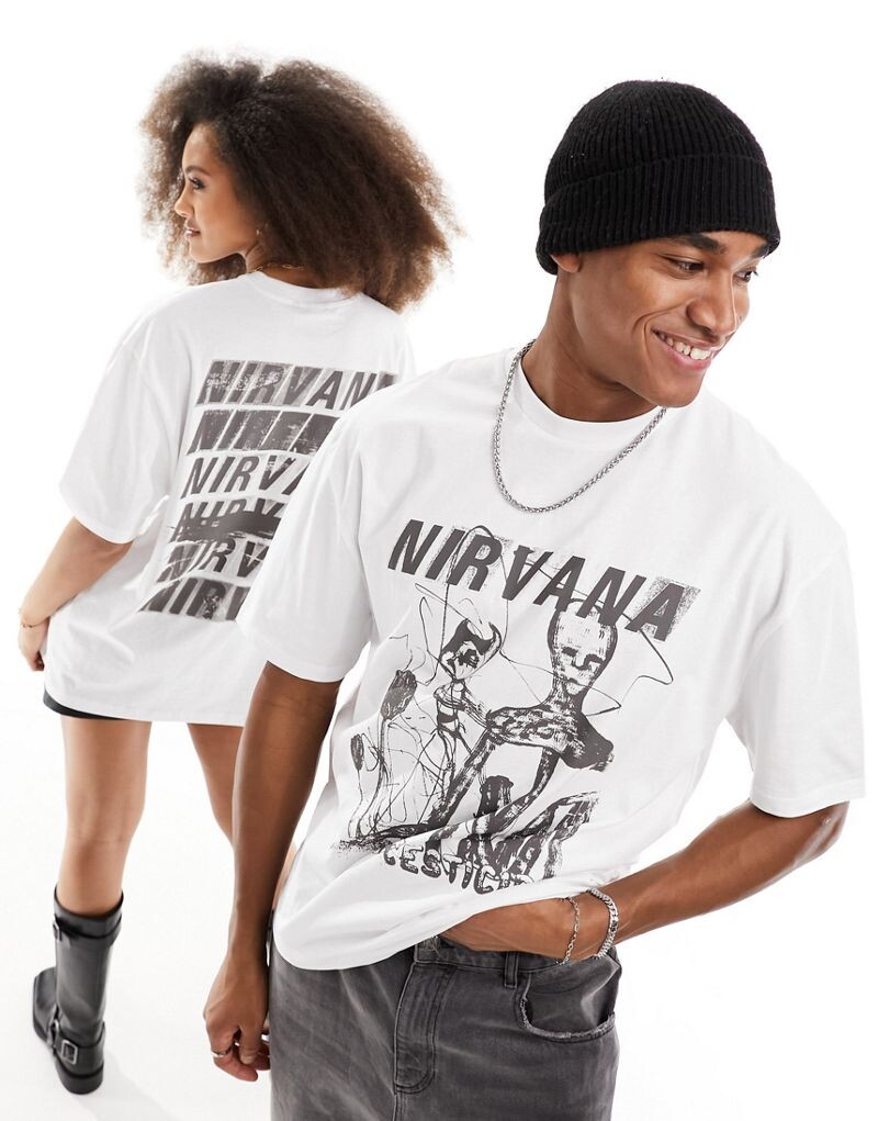 

Белая свободная футболка унисекс с лицензионной графикой Nirvana ASOS DESIGN