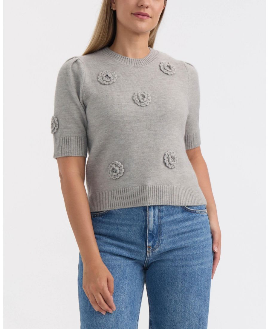 

Женский свитер с коротким рукавом и вязаными цветами Ellen Tracy, Lt grey mix