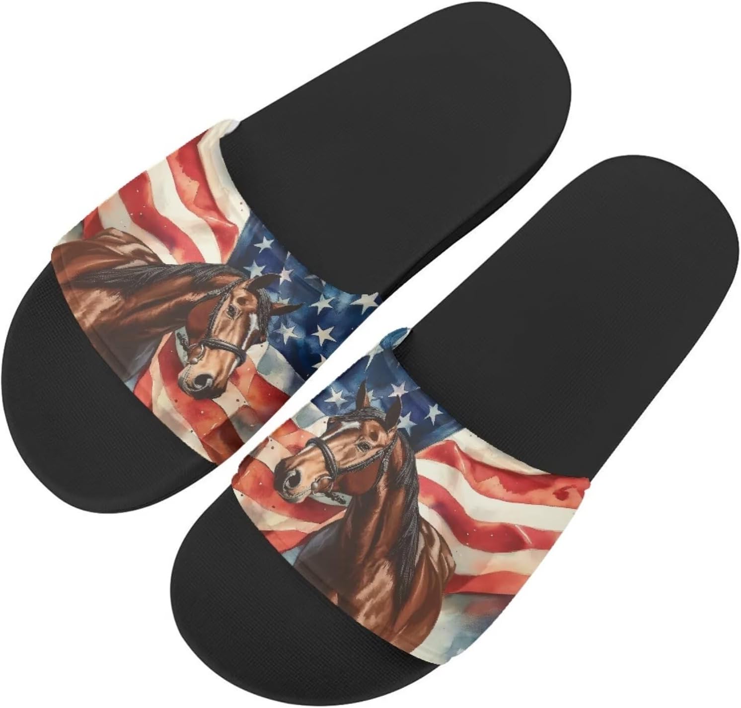 

Тапочки Howilath с оригинальным узором для женщин и мужчин, нескользящие шлепанцы с одной лямкой, открытый носок, мягкая подошва, плоские сандалии, American Flag Horse