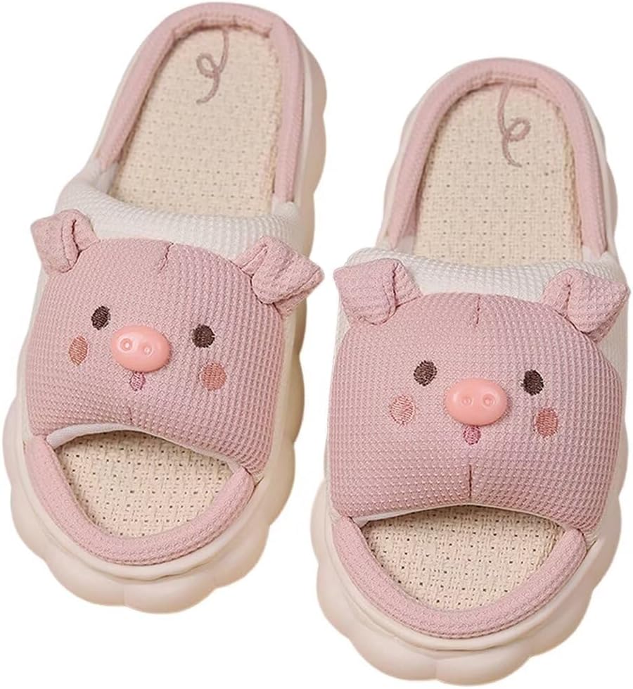 

Домашние тапочки OJXTRDE для женщин, милые тапочки с мультяшным котенком, унисекс, мягкие, удобные, с толстой нескользящей подошвой, из хлопка и льна, для дома, розовый