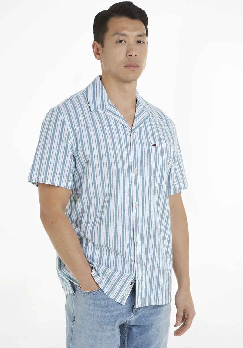

Рубашка с короткими рукавами Tommy Jeans Plus "TJM STRIPE LINEN SS SHIRT EXT", большие размеры, модные вертикальные полоски, цвет Timeless Teal Stripe