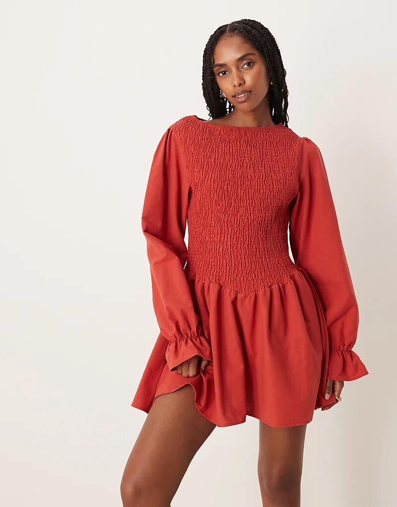 

Мини-платье из льняной смеси ASOS DESIGN красного цвета со сборками