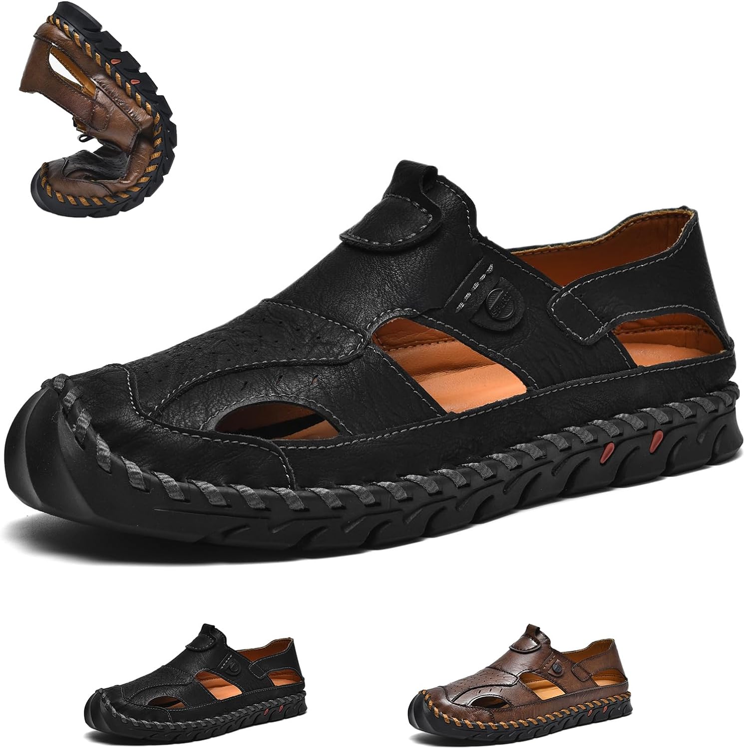 

Мужские сандалии на липучке из дышащей кожи, закрытые носки, удобные для походов с поддержкой свода стопы для активного отдыха, пляжа и прогулок по тропе Generic, черный