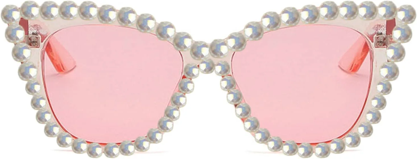 

Willochra Женские солнцезащитные очки большого размера с жемчужными блестками, оправа «кошачий глаз», модные дизайнерские женские очки с защитой от УФ-излучения, Pink
