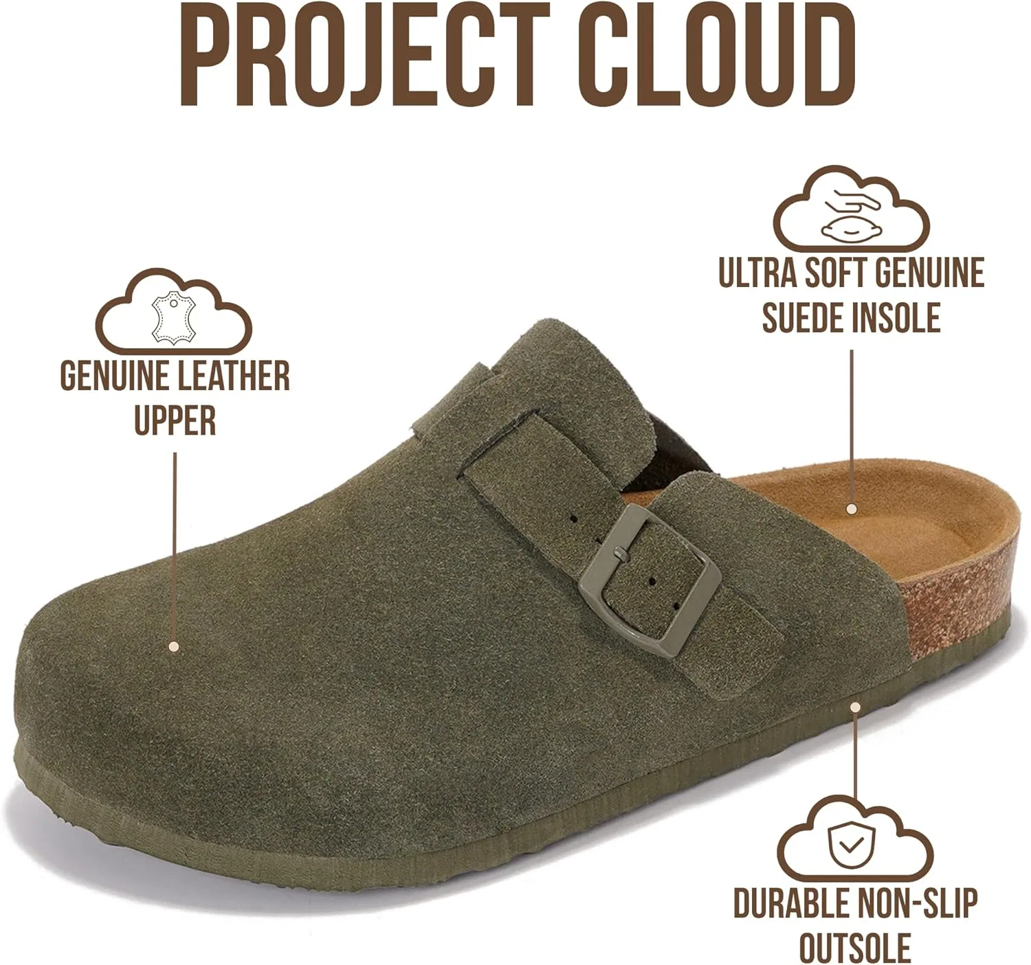 Мужские сабо Project Cloud - 100% натуральная кожа высшего качества, сабо с эффектом памяти, поддержка свода стопы, пробковая стелька, нескользящая платформа (Бруклин), Olive Suede — фото 3