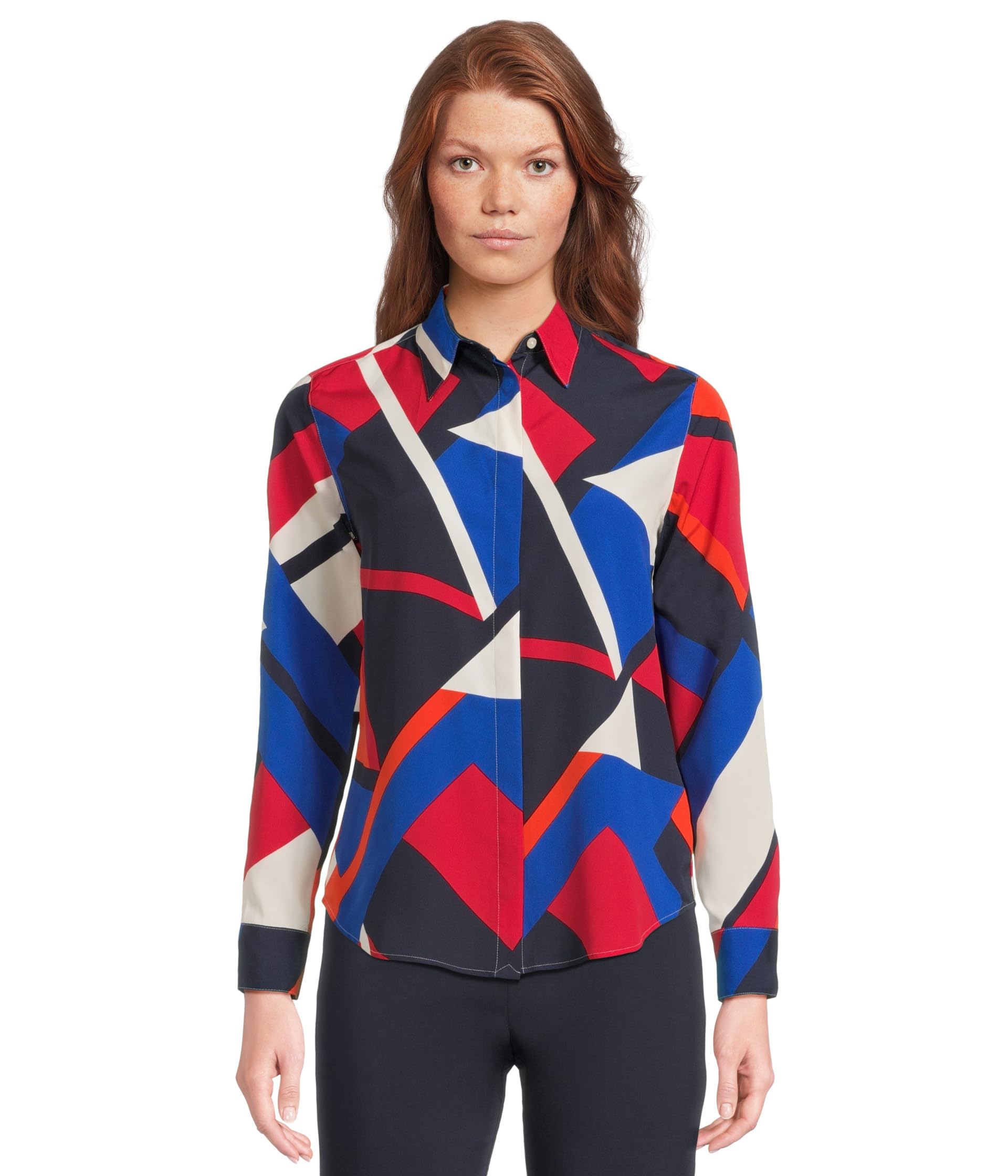 

Рубашка Lauren Ralph Lauren Petite Classic Fit Print Crepe Shirt, синий мульти