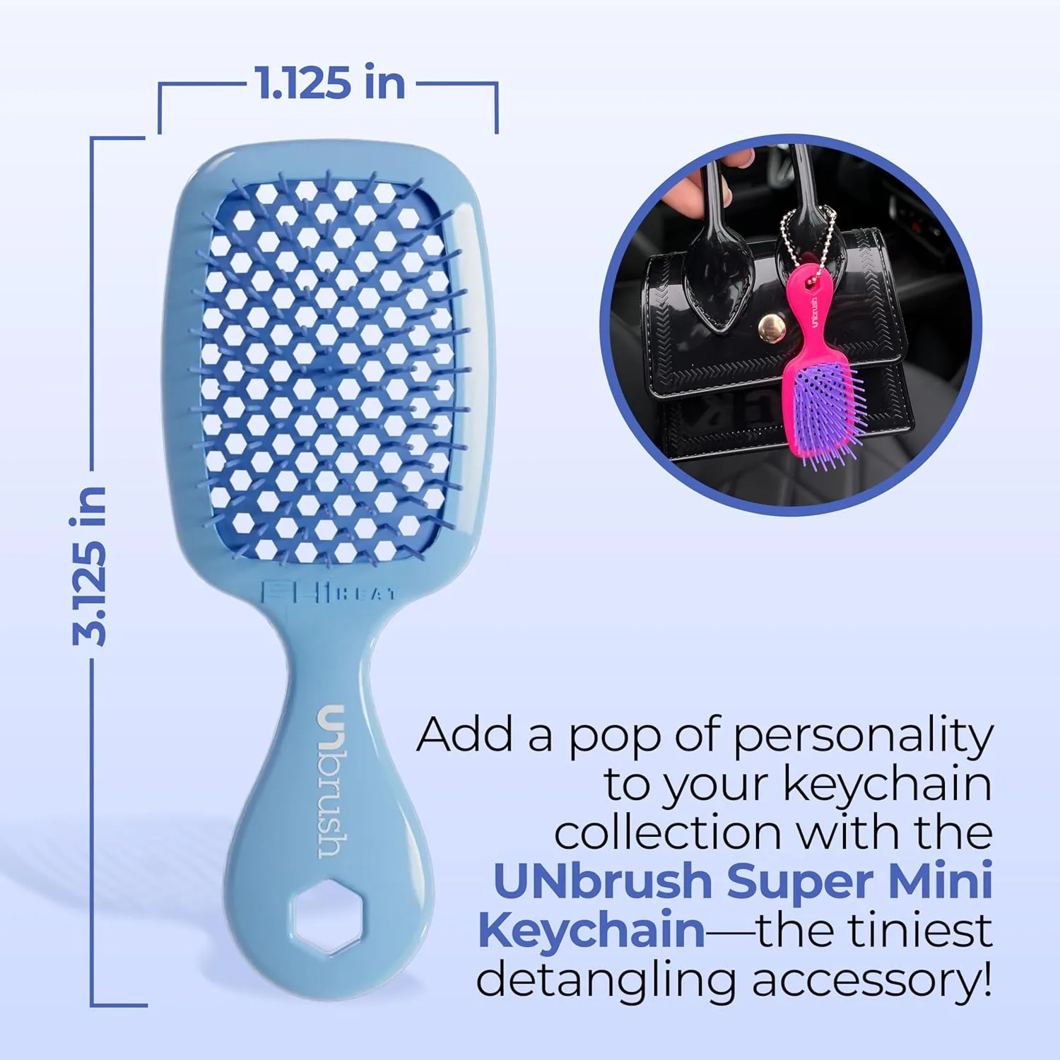 Брелок-расческа FHI Heat UNbrush Super Mini - коллекционный миниатюрный аксессуар для сумок и ключей - для любительниц красоты., Periwinkle — фото 4