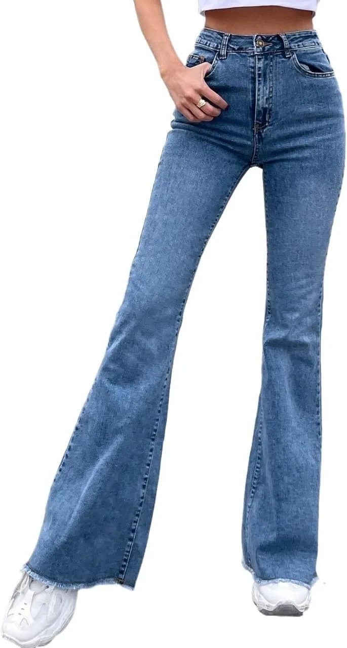 Женские джинсы с высокой талией и расклешенным низом Generic, Medium Wash — фото 2