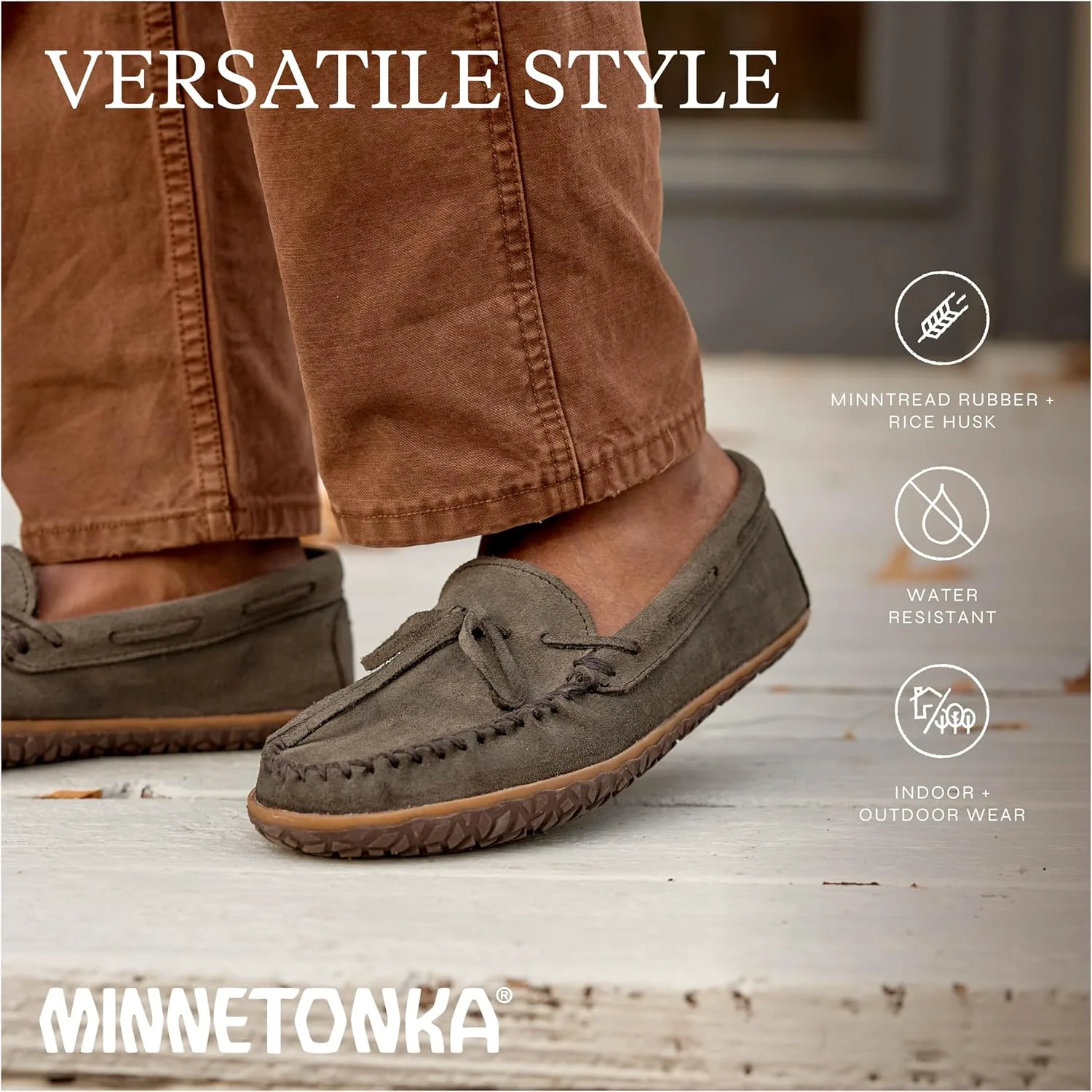 

Мокасины Minnetonka Men's Tread из замши для мужчин - водоотталкивающие домашние и уличные тапочки с резиновой подошвой MinnTREAD, серый