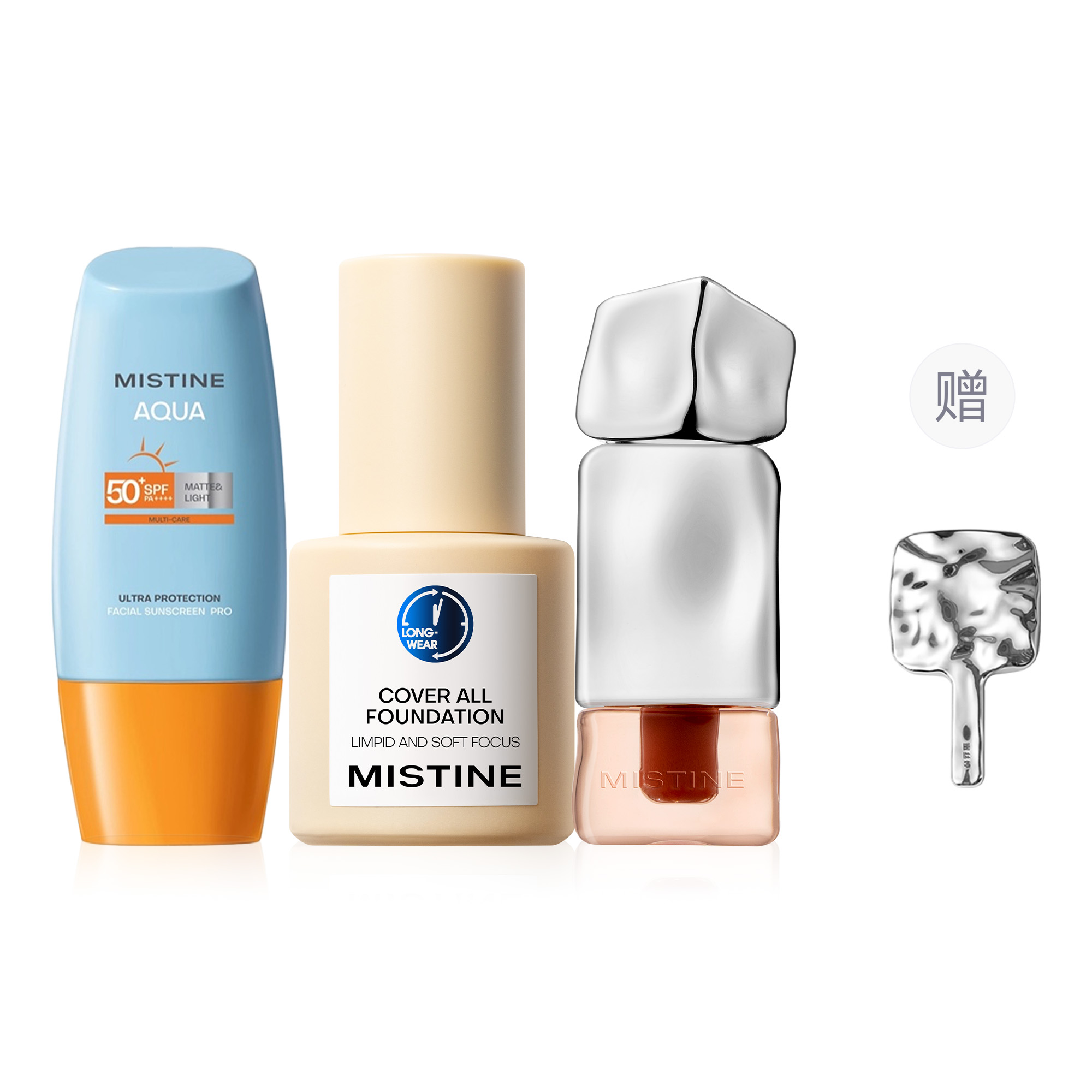 Набор косметики (тональный крем Mistine Cover All Foundation + солнцезащитный крем Mistine Aqua Base Sunscreen + блеск для губ V02)
