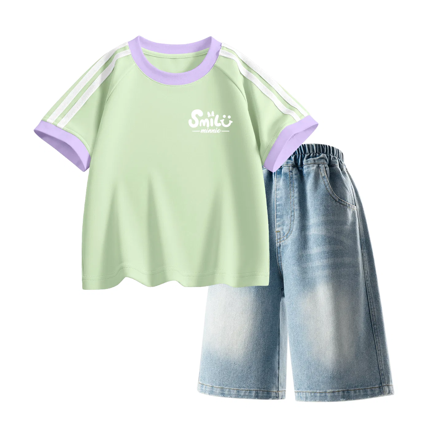 Детский спортивный костюм Casual Sportswear 2 Piece Set Disney, Di B Letter Smile K Milk Green+Solid Color Denim Blue