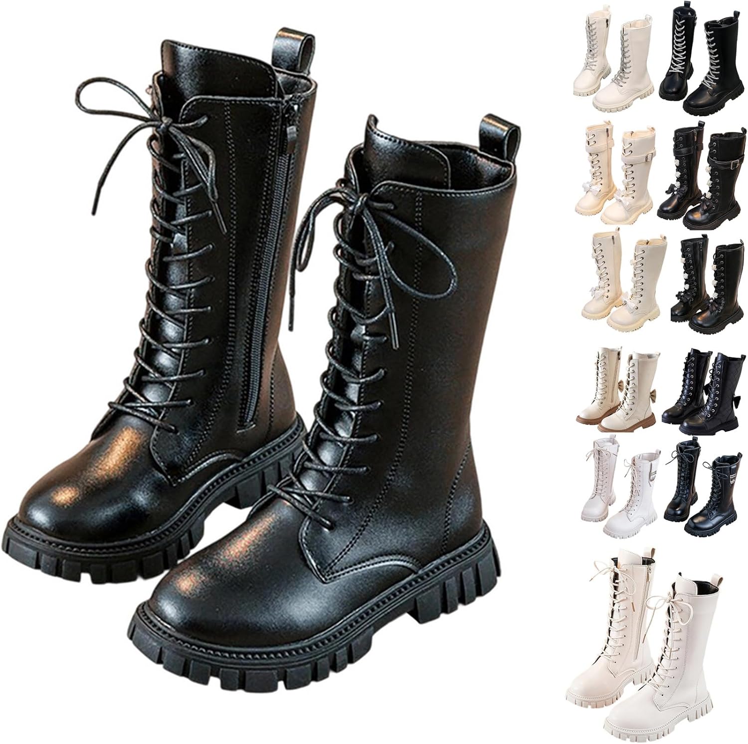 

Боевые сапоги до колена для девочек, сапоги с шнуровкой средней длины, для верховой езды, модные с молнией, панк-гот, из искусственной кожи с платформой Generic, 01A-Black