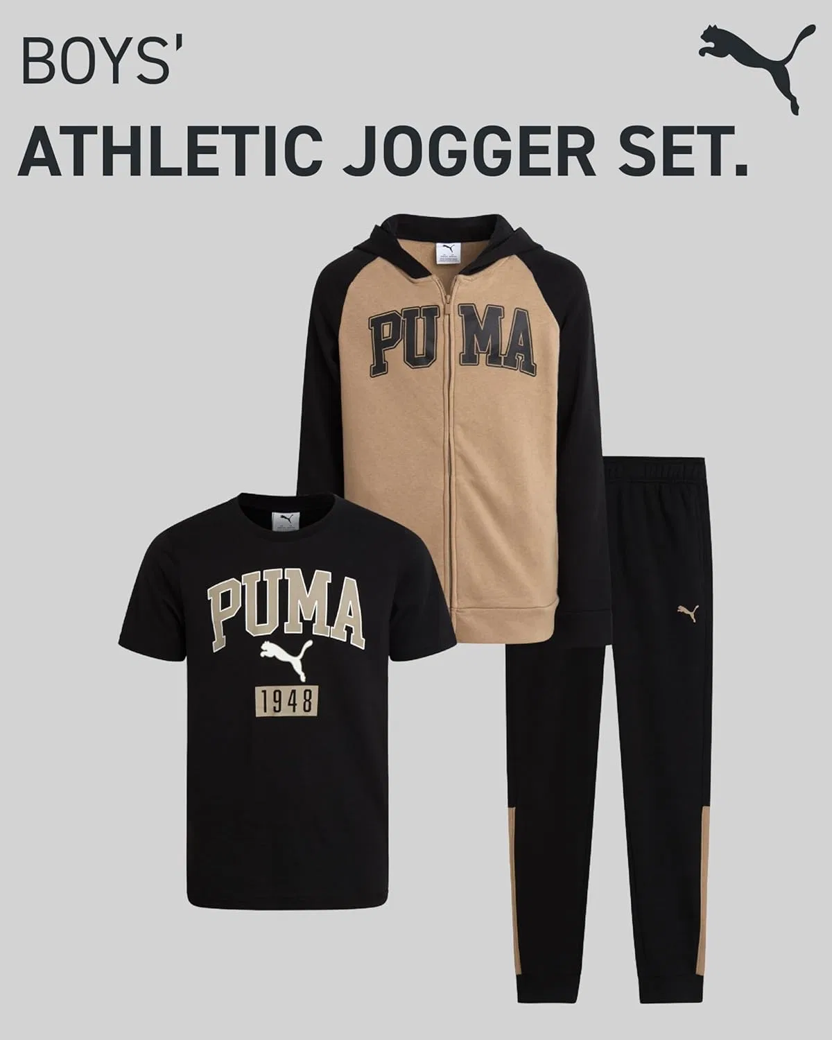 Спортивный костюм для мальчиков, флис, PUMA, 3 предмета, Black/Brown — фото 2