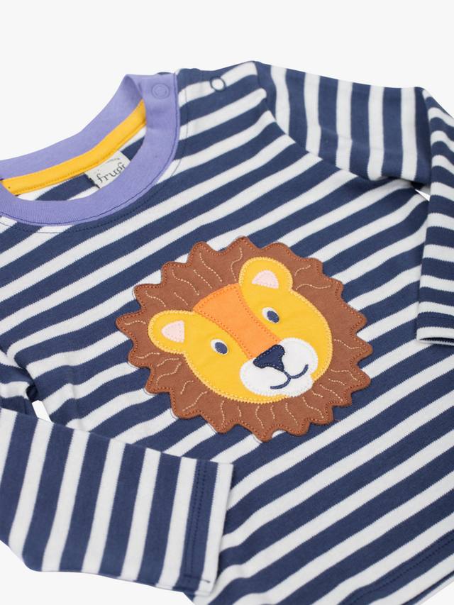 Детская хлопковая футболка с аппликацией Discovery и длинными рукавами Frugi, Navy Stripe/Lion — фото 2